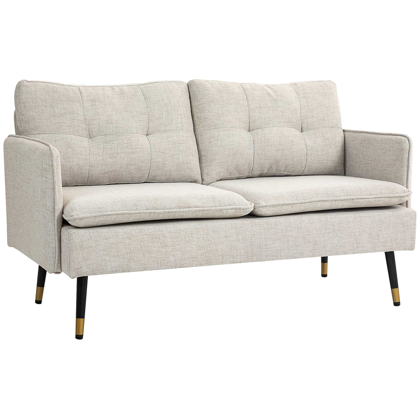 2-Seater Sofa in Linen Effect Fabric with Steel Legs and Padded Cushions, 139x68x80 cm, Cream White