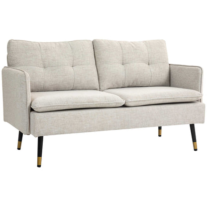2-Seater Sofa in Linen Effect Fabric with Steel Legs and Padded Cushions, 139x68x80 cm, Cream White