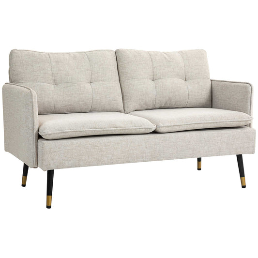 2-Seater Sofa in Linen Effect Fabric with Steel Legs and Padded Cushions, 139x68x80 cm, Cream White