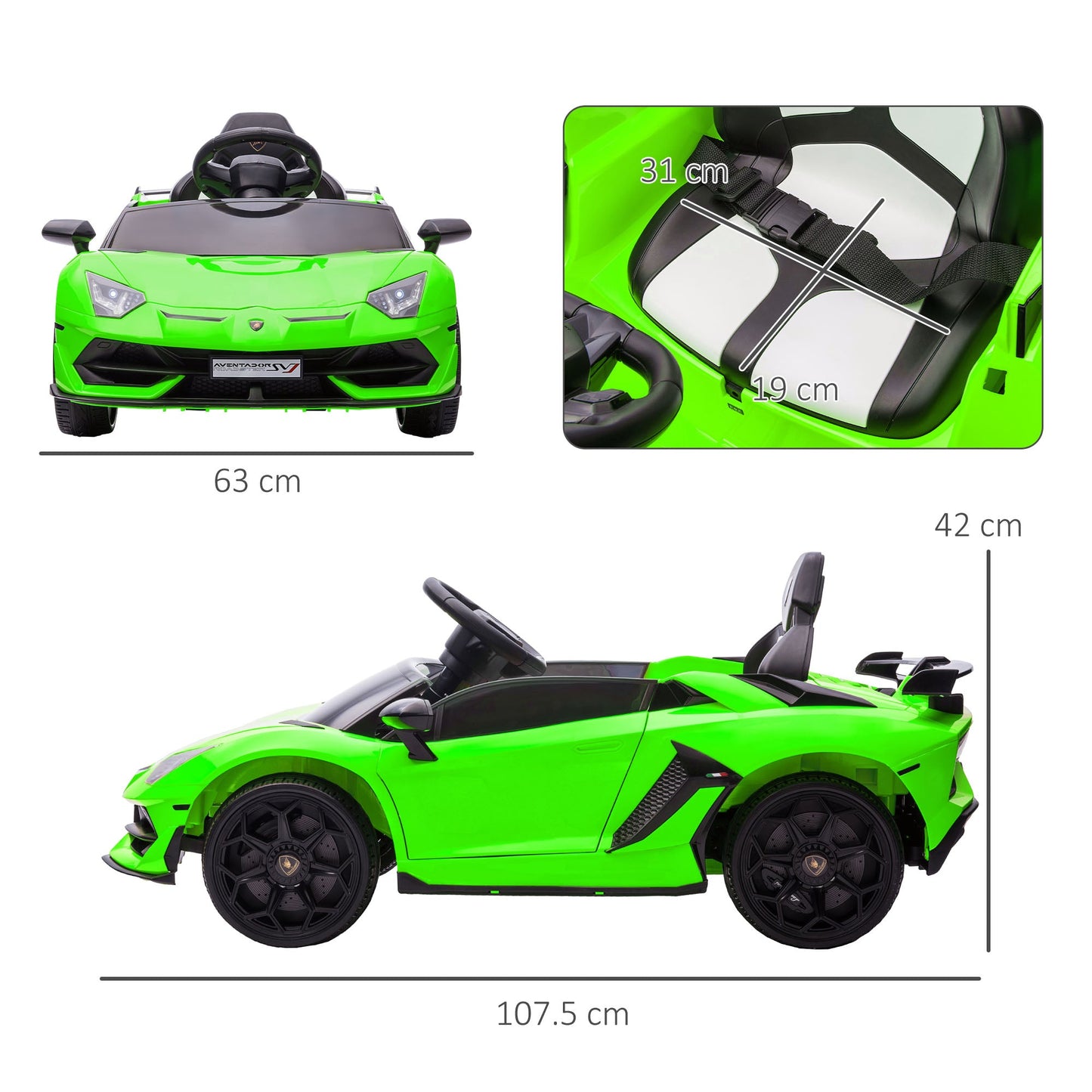 12V Electric Ride-On Toy Car for Kids with Lamborghini License, Horn and Remote Control, 107.5x63x42 cm, Green
