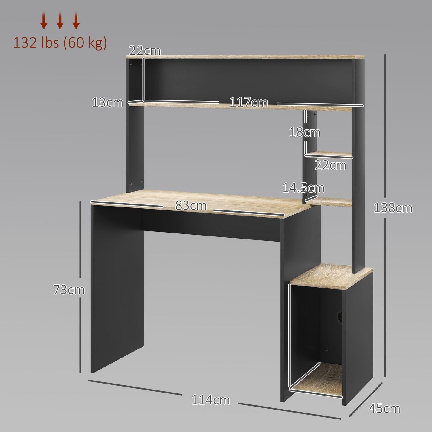 Modern Wooden Desk with Shelves and CPU Holder, 114x45x138cm, Grey and Natural Wood
