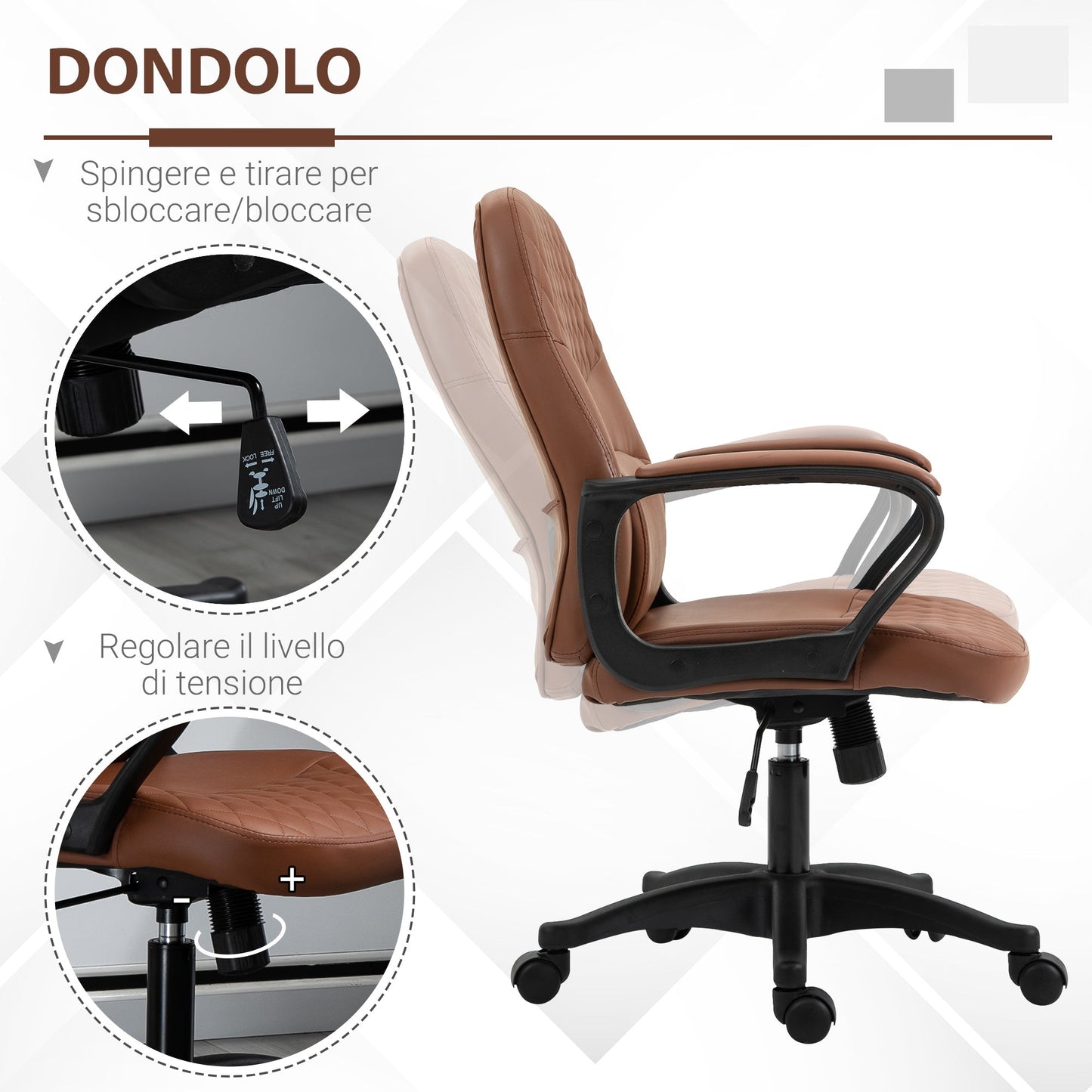 Office Chair with 2 Massage Points and USB Port, Brown Faux Leather Office Chair with Adjustable Height, 59x63x92-101cm