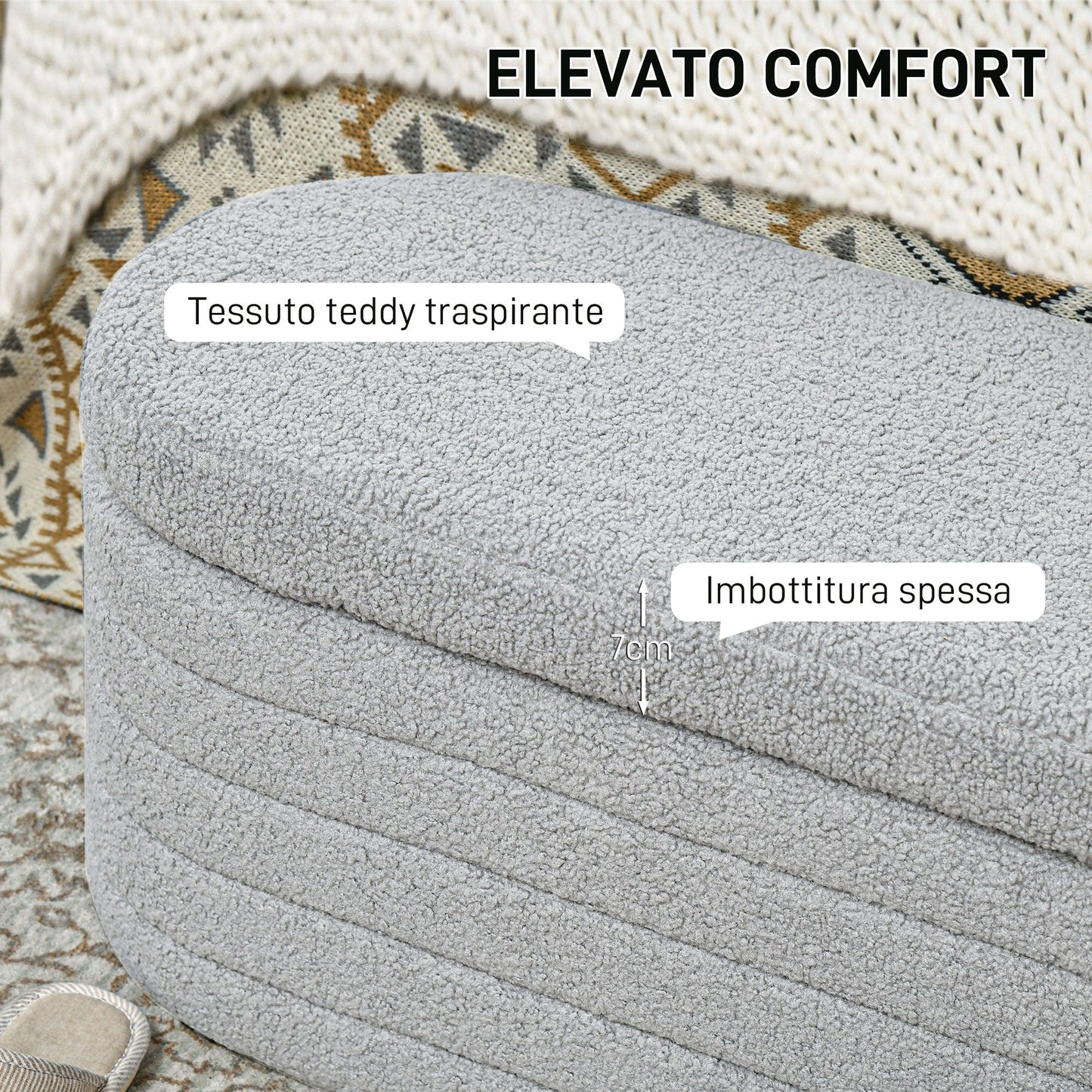 Teddy Fabric Bed End Bench with Storage Compartment, 116x41x40.5cm, Light Grey