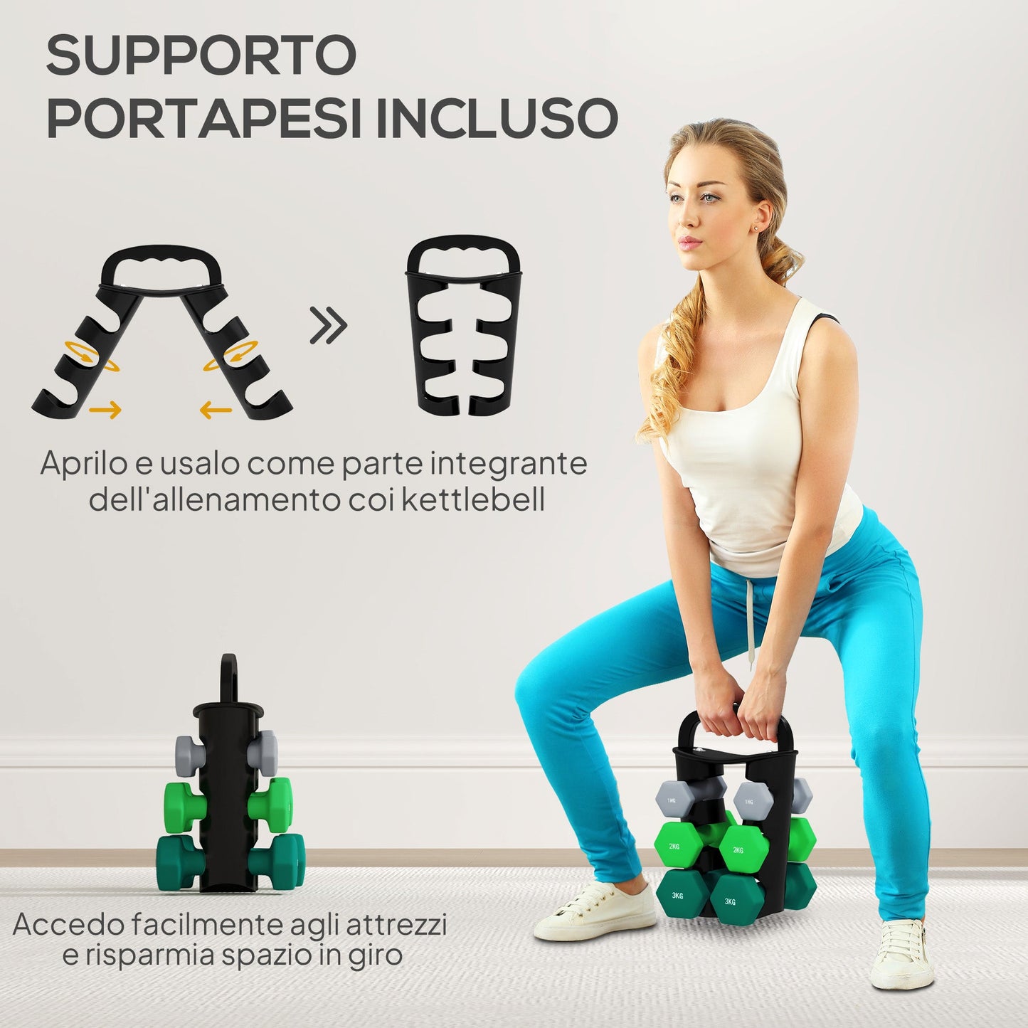 Set of 6 Dumbbell Weights (2x1 kg, 2x2 kg, 2x3 kg) of 12 kg with Stand/Kettlebell, in Metal and Multicolored Plastic
