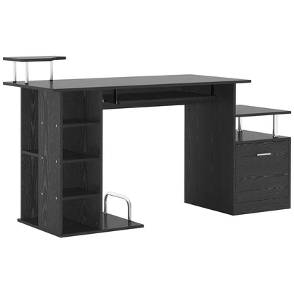 Desk for modern computer with drawers, shelves and removable keyboard, office desk for black wooden wood 152x60x88cm