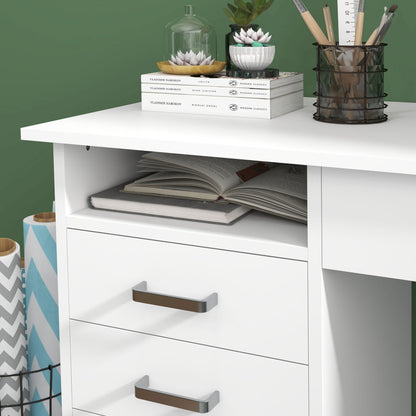Modern Desk with 5 Drawers and Open Compartment with Lock and 2 Keys, 110x50x76cm, White
