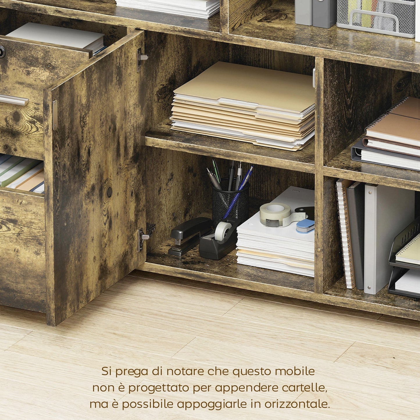 Wooden Printer Stand with Wheels, 2 Drawers, 3 Shelves, and 2 Cabinets, 100x35x65 cm, Brown