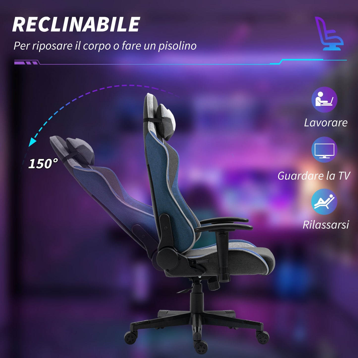 Gaming Chair, 150° Reclining with Rocking Function, in Linen Effect Fabric, 66x53x128-138 cm, Grey