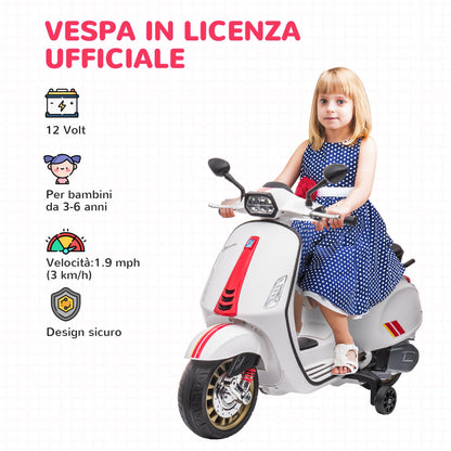 Licensed Children's Electric Motorcycle Vespa with Wheels, Headlight and Music, in PP and Metal, 107x47x73 cm, White