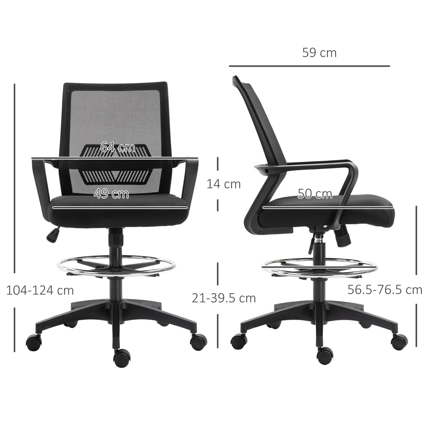 Adjustable Mesh Office Chair with Armrests and Footrest Ring, 64x59x104-124 cm, Black