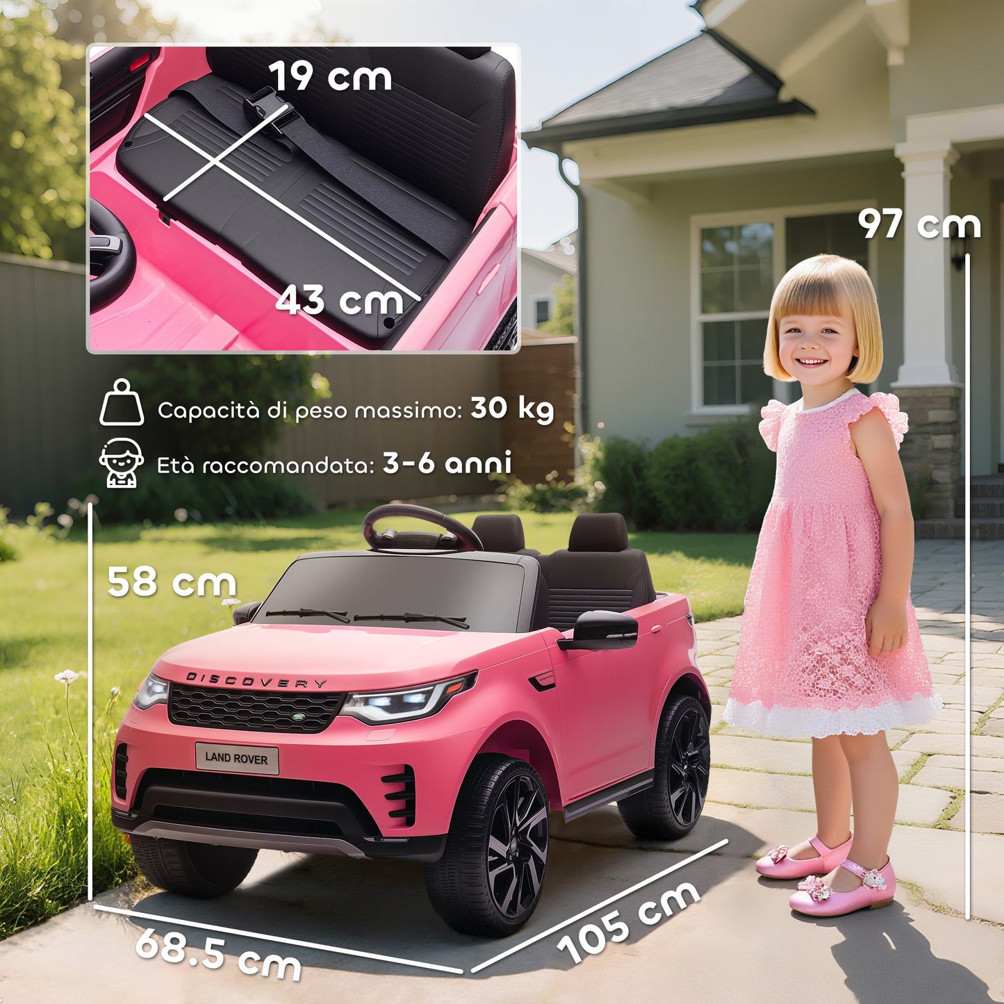 Electric Ride-On Toy Car for Kids, Land Rover License, with LED Headlights, Horn and Remote Control, 105x68.5x58 cm, Pink