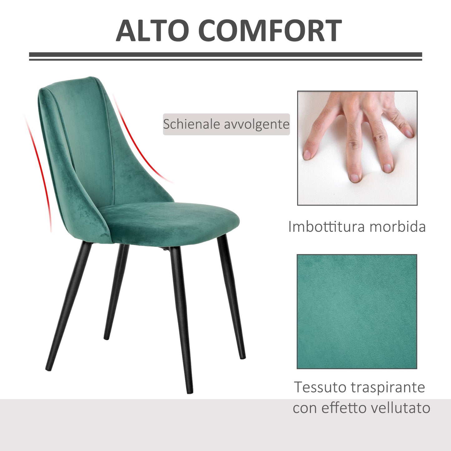 Set of 2 Modern Upholstered Dining Chairs with Upholstery and Backrest, Iron Legs for Kitchen, Living Room or Lounge in Modern Style, Green and Black, 50x56