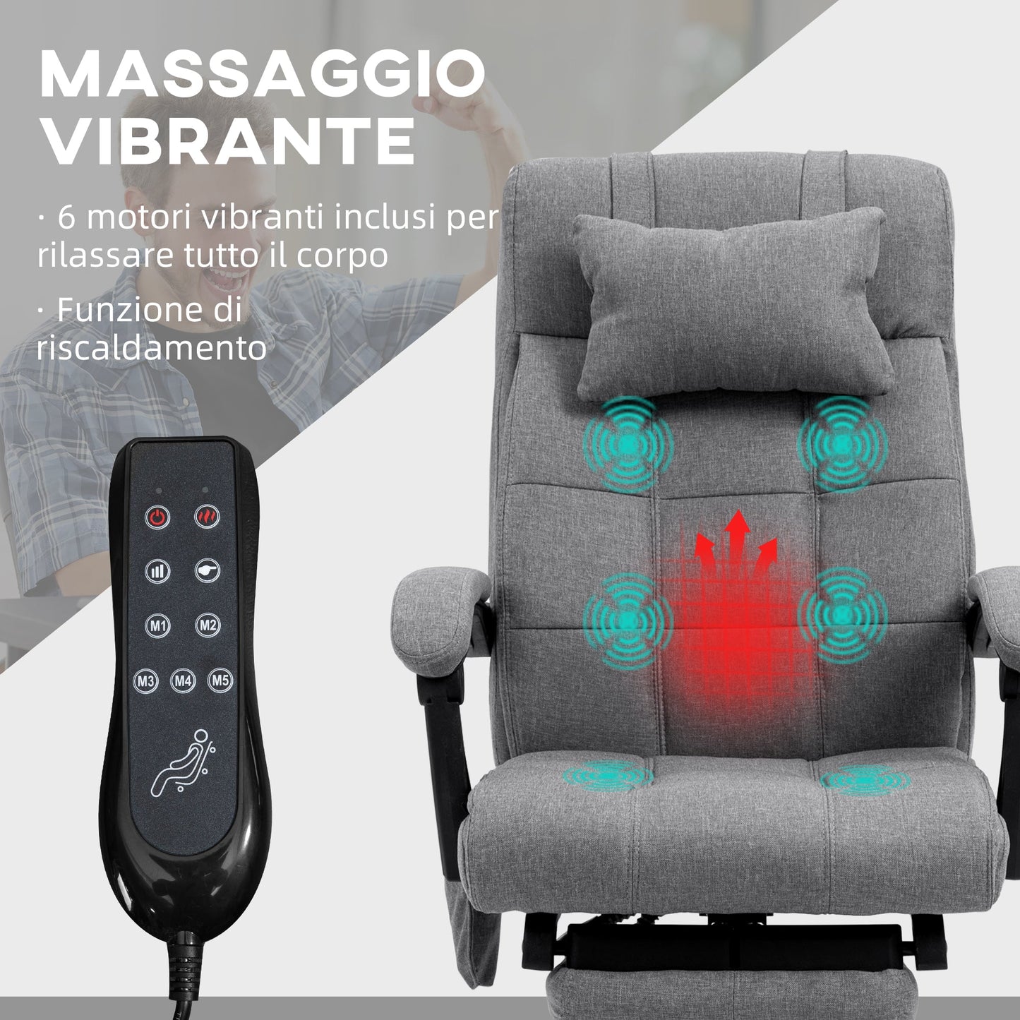 Reclining and Heating Office Chair with 6 Massage Points and 5 Modes, Gray