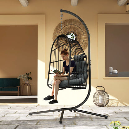 Indoor Outdoor Folding Swing Hanging Chair with Cushion and Headrest, Dark Grey