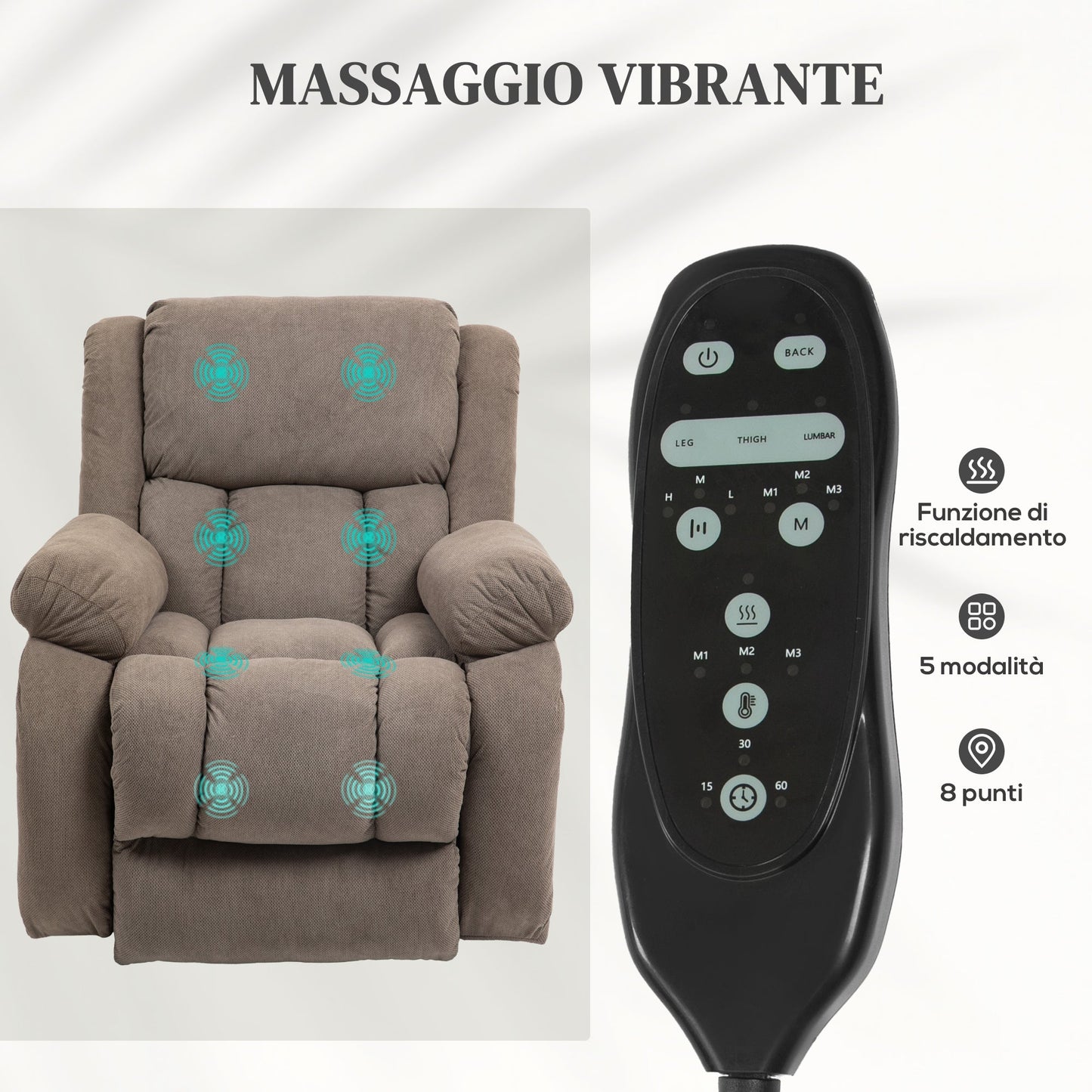 Lift Massage Reclining Chair with 2 Pockets and Remote Control, 93x104x105 cm, Light Brown