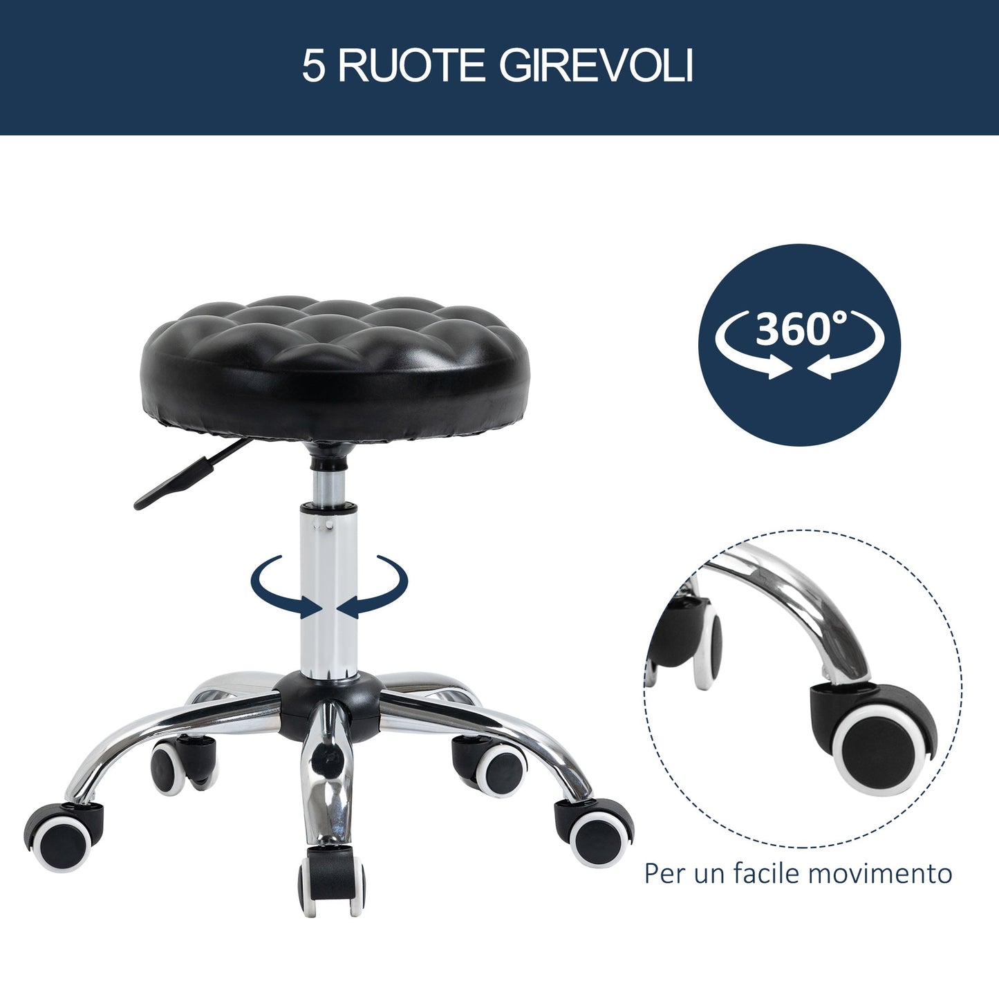 Height Adjustable Beauty / Tattoo Stool with 5 Wheels, Steel, Foam and PU Leather, Ф48x47-59Hcm