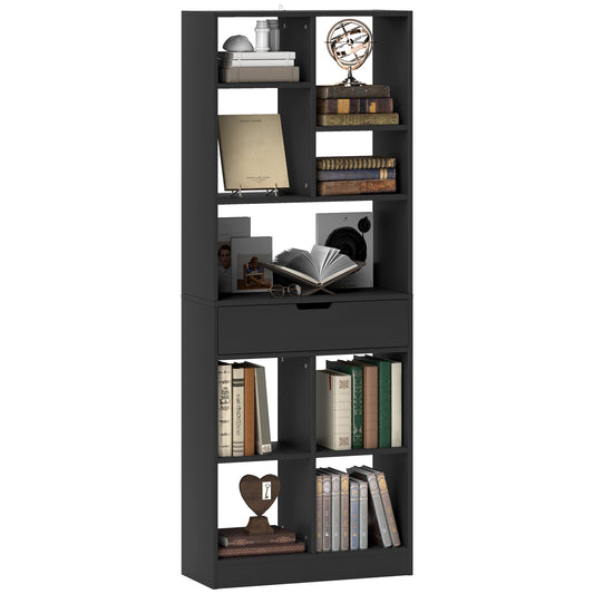 Modern Wooden Bookcase with Central Drawer and Anti-Tip Kit, 60x26x158 cm, Black