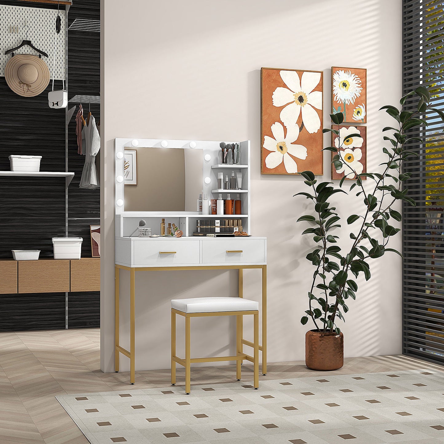 Vanity Makeup Table with Mirror, 2 Drawers, 5 Shelves and Stool, in MDF and Chipboard, 80x40x138 cm, White