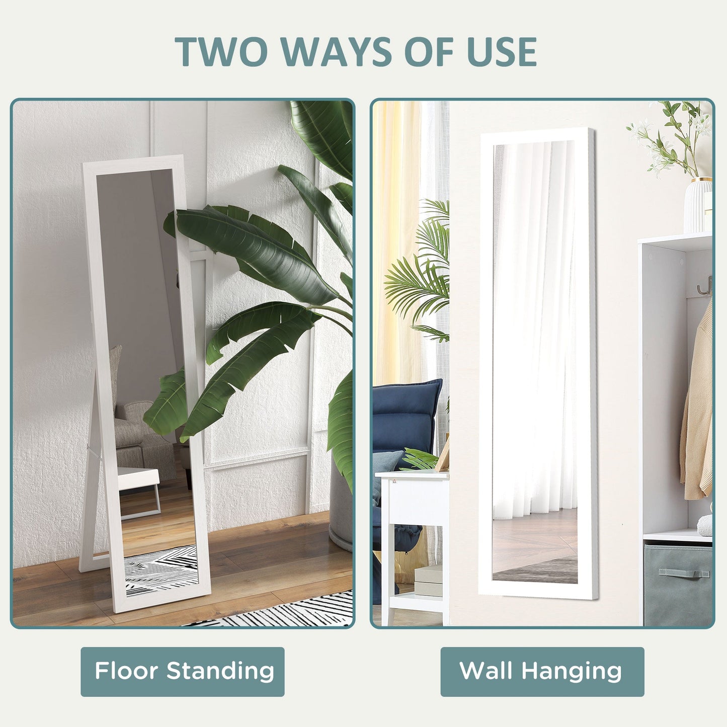 Mirror with MDF Frame with Feet and Hooks for Wall or Wall Mounted Use, 37x40x155 cm