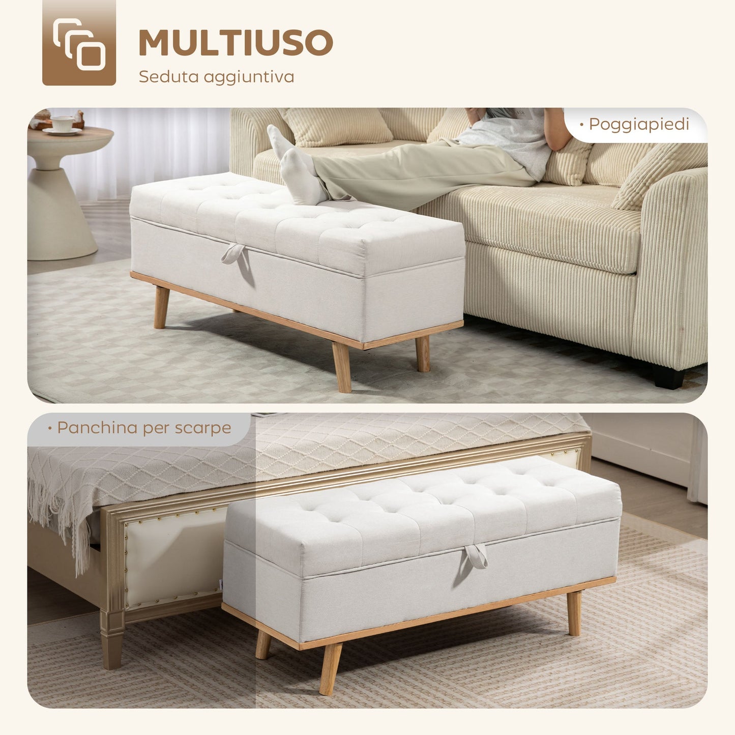 80L Padded Storage Bench with Fabric Upholstery and Wooden Legs, 118x42x45 cm, Cream