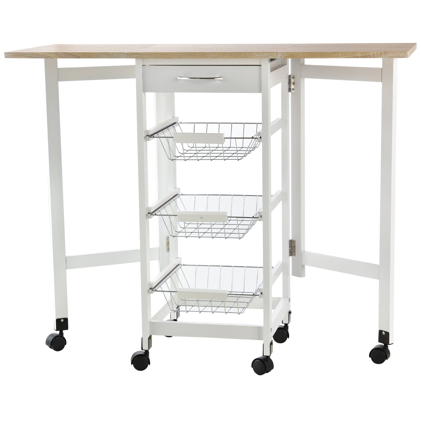 Kitchen Trolley with 3 Baskets, Drawer and Flaps, 6 Swivel Wheels, in MDF and Metal, 37x37x77.5cm, White and Wood
