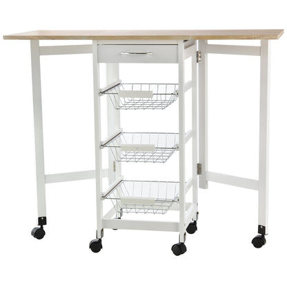 Kitchen Trolley with 3 Baskets, Drawer and Flaps, 6 Swivel Wheels, in MDF and Metal, 37x37x77.5cm, White and Wood