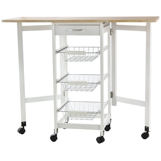 Kitchen Trolley with 3 Baskets, Drawer and Flaps, 6 Swivel Wheels, in MDF and Metal, 37x37x77.5cm, White and Wood