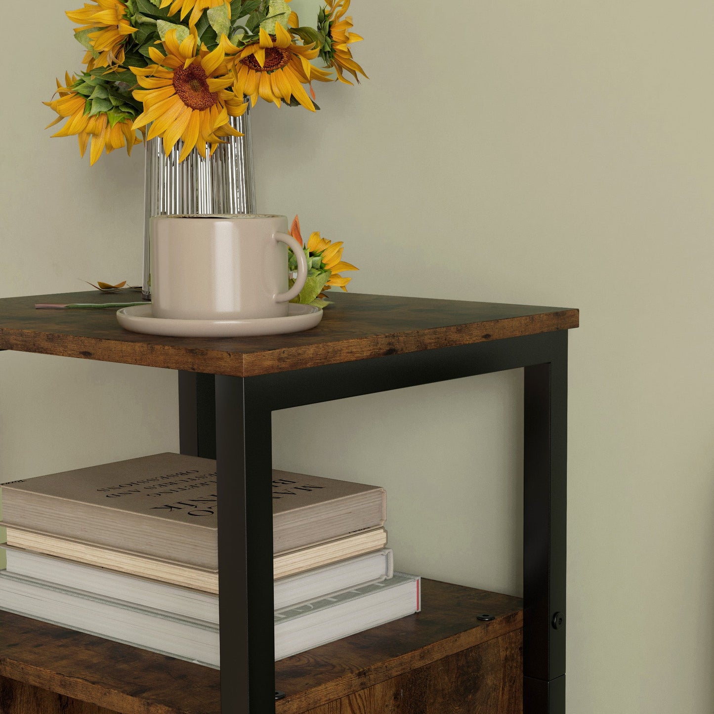 Industrial Bedside Table with 2 Shelves and Adjustable Internal Shelf, in Wood and Steel, 34x30x80 cm, Brown