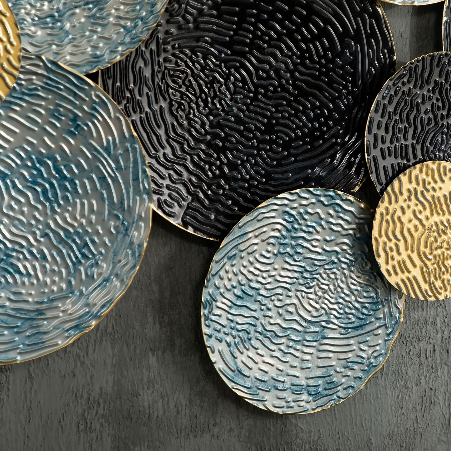 3D Metal Wall Decoration, Circle Wall Art 133x66cm, Blue, Black and Gold