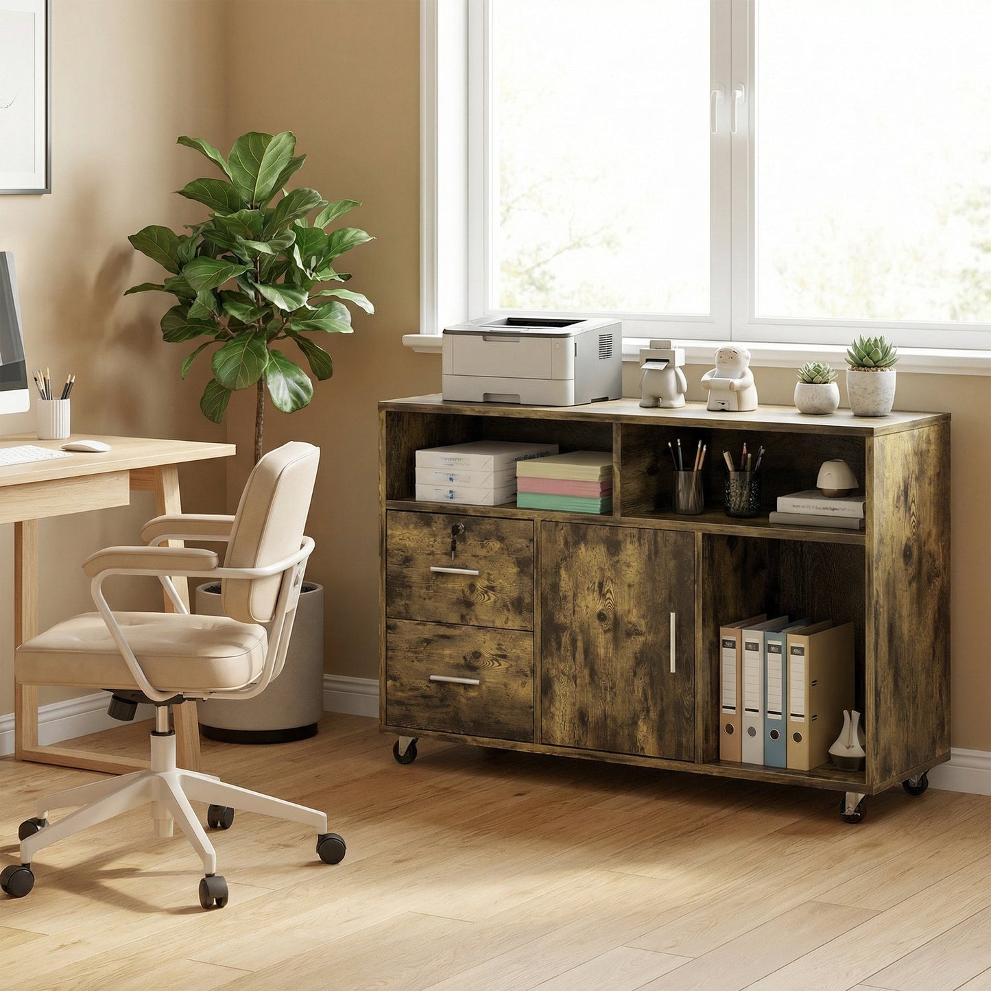 Wooden Printer Stand with Wheels, 2 Drawers, 3 Shelves, and 2 Cabinets, 100x35x65 cm, Brown
