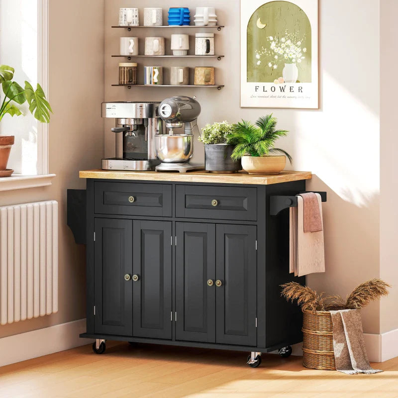 Kitchen Trolley with Drawers, Cabinets and Spice Rack, Made of Wood and MDF, 111x44.5x82.5 cm, Black