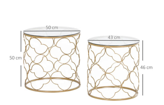 MYKONOS - Set of 2 Art Deco Metal Nesting Coffee Tables with Glass Top, Gold
