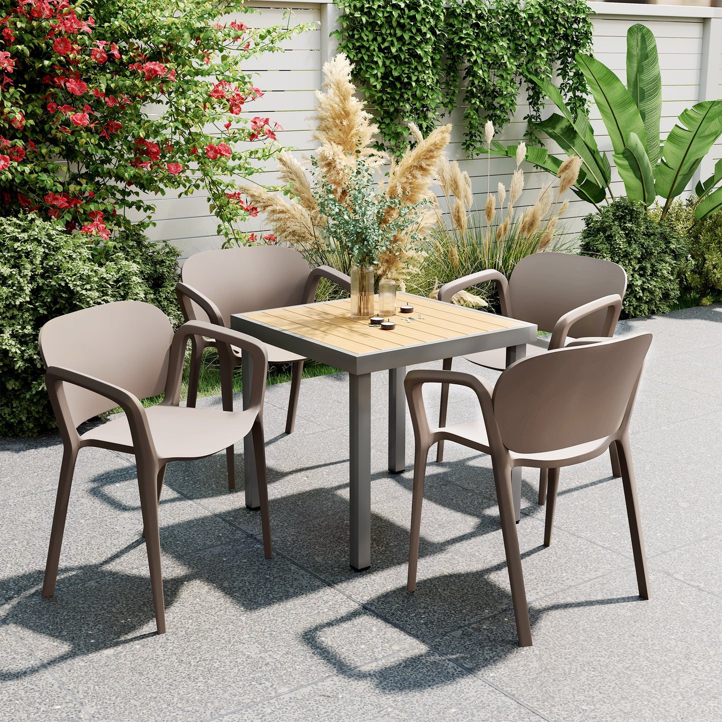 Set of 4 Stackable Garden Chairs in Modern Plastic with Armrests 60x56x75 cm, Grey