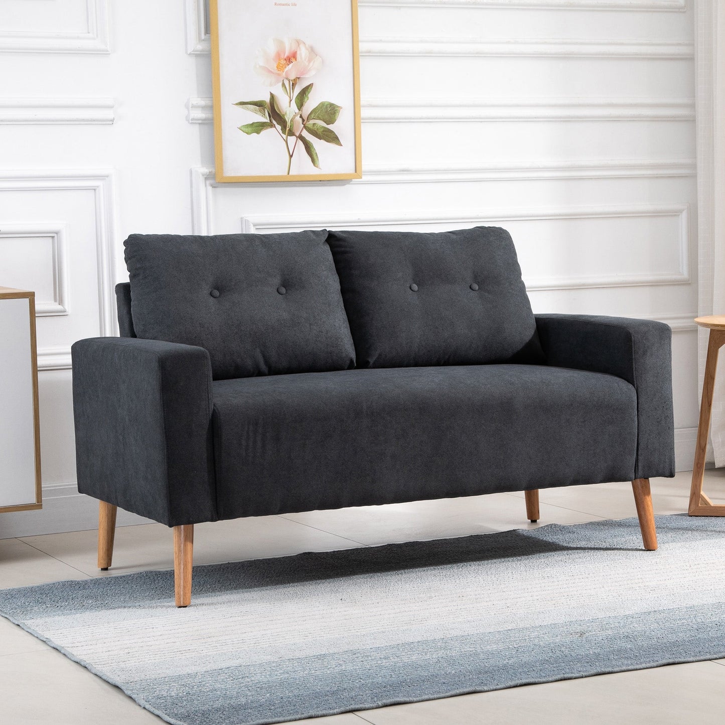 Nordic Style Modern 2-Seater Sofa with Quilted Fabric Backrest, 145x76x88 cm, Grey