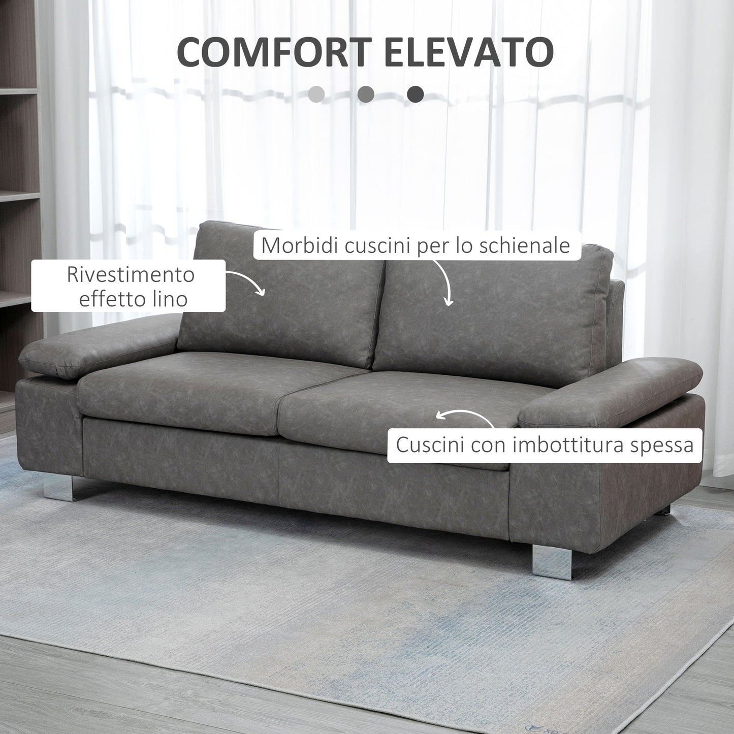 2 Seater Reclining Sofa with Adjustable Armrests, PU, Wood and Metal, 200x88x86 cm, Grey