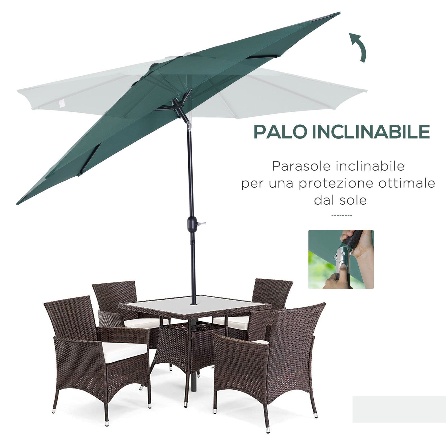 3x2.5 m Tilting Garden Umbrella with Crank Handle, Metal and Green Polyester