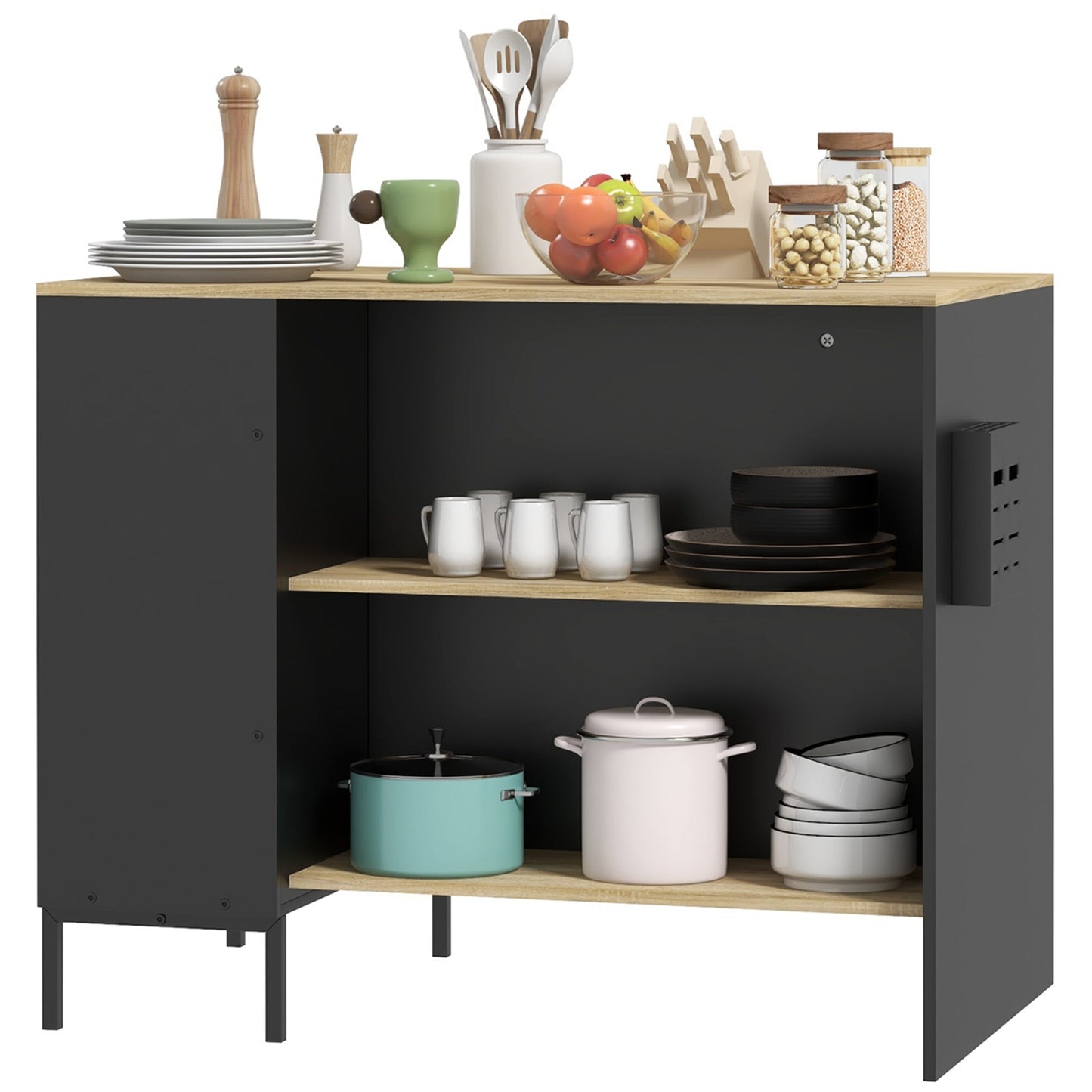 Kitchen Island with Shelves, Knife Holder and Sliding Door Cabinet, 14.5x70x90cm, Black