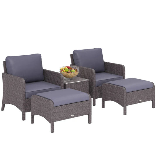 Garden Furniture Set 2 Armchairs 2 Footstools 1 Coffee Table in Tempered Glass Rattan Grey