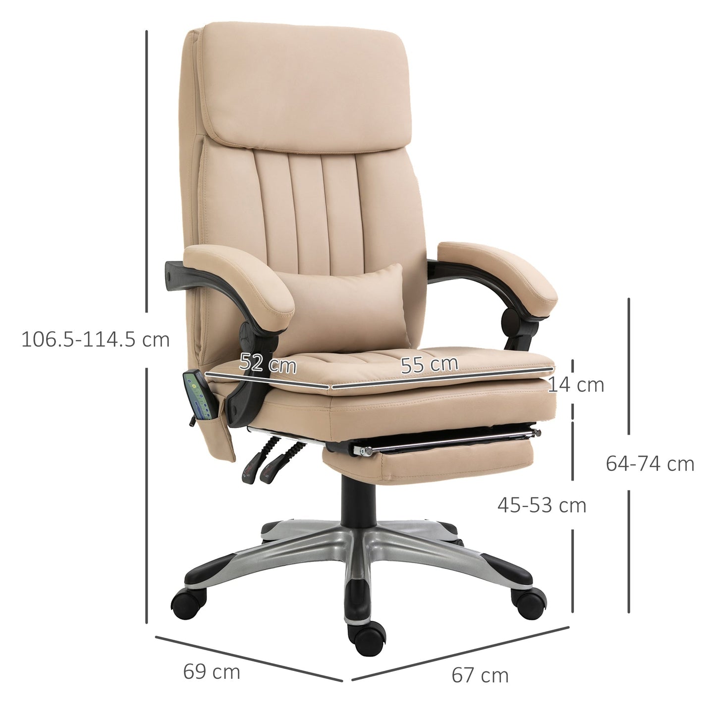 Office Massage Chair, Height Adjustable and Reclining PU Leather, 67x69x106.5-114.5cm Beige