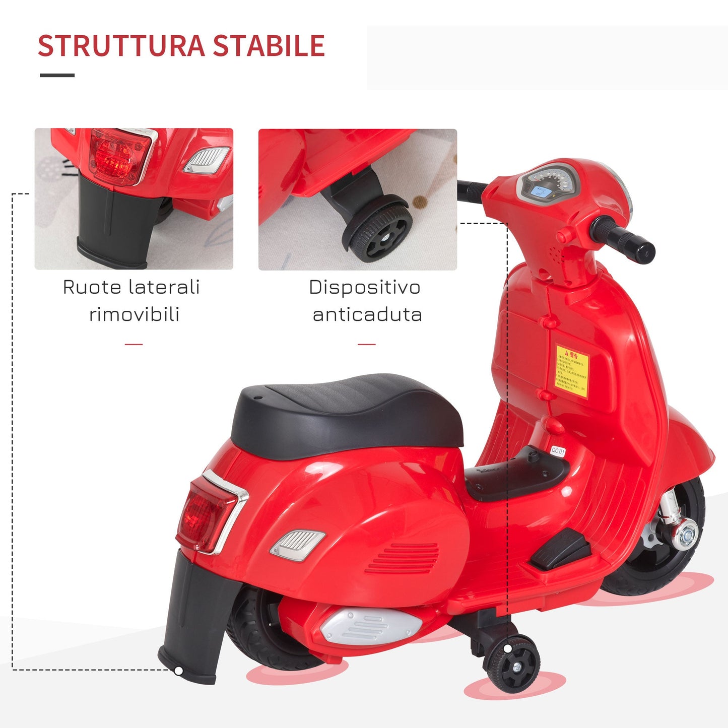 Officially Licensed Kids' Electric Scooter, 6V Battery, Headlights and Horn, for Children 18-36 Months, Red, 66.5x38x52cm