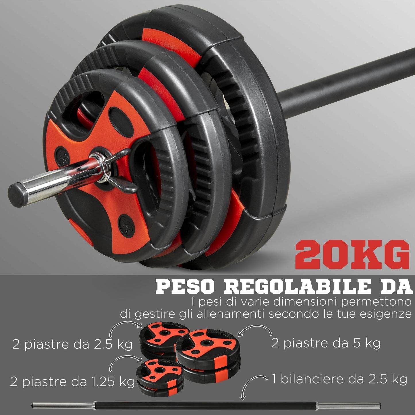 Barbell and Disc Set 20kg Total with Non-Slip PU Handle, Ø17x140 cm, Black and Red