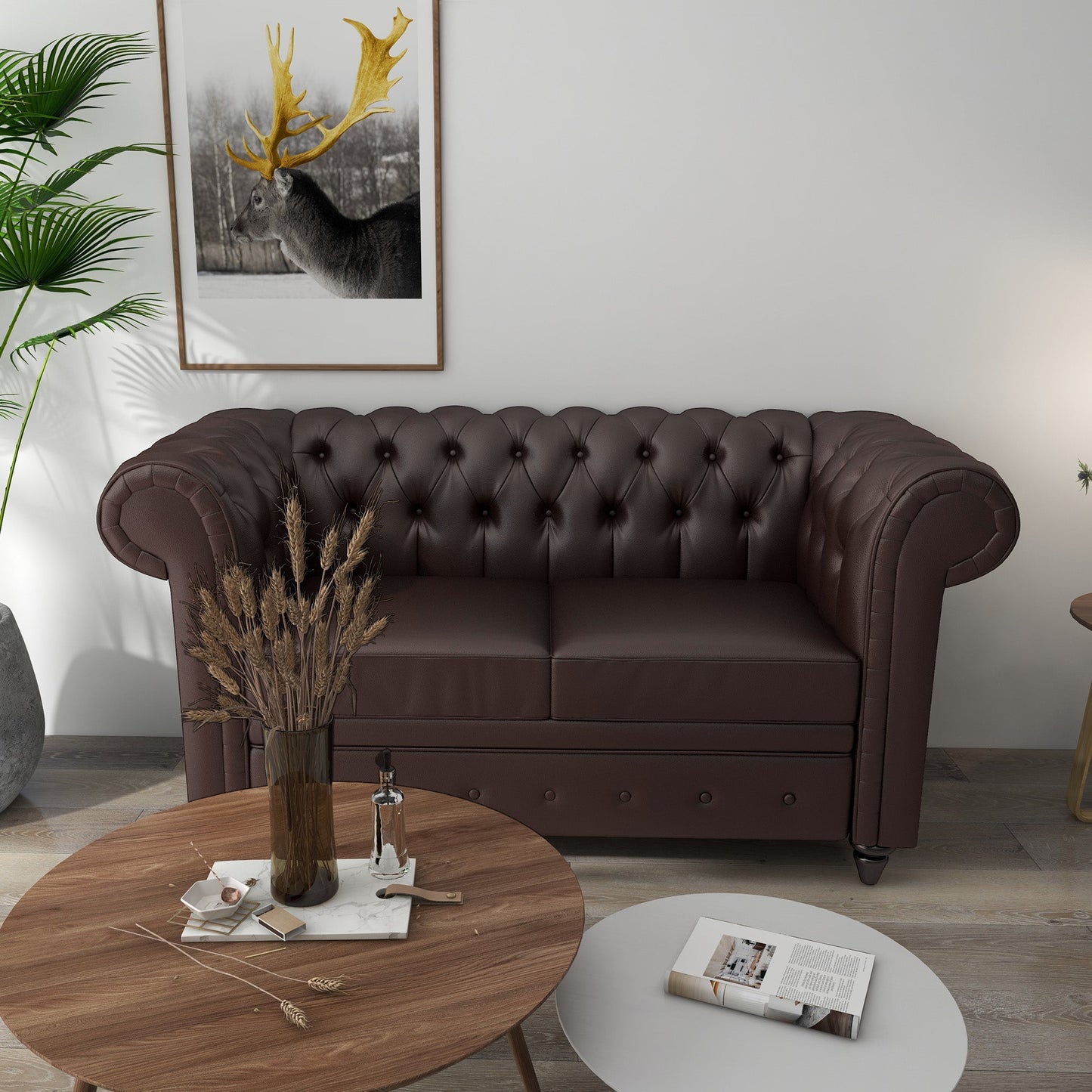 2-Seater Chesterfield Style Sofa with Removable Cushion, in Faux Leather, Wood and Metal, 160x84x80 cm, Brown