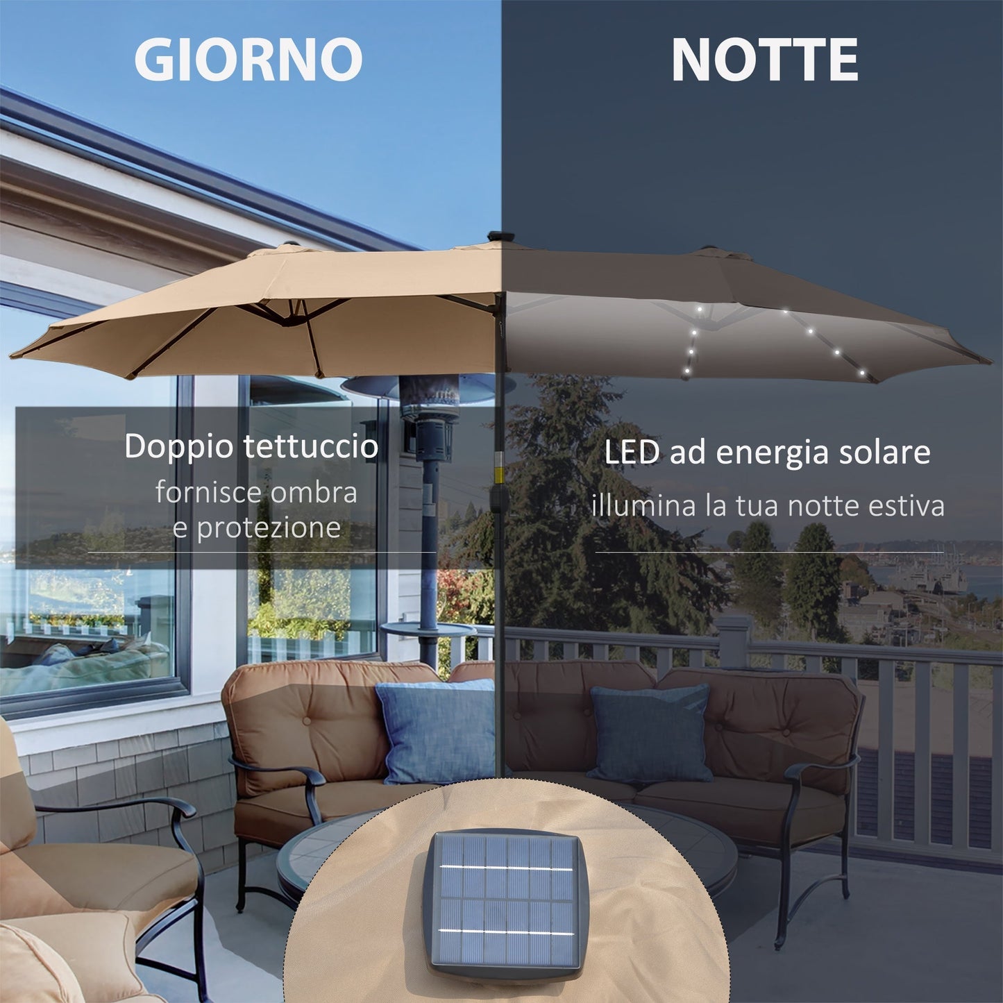 Double Garden Umbrella |  4.5m with 48 LED lights and Crank
