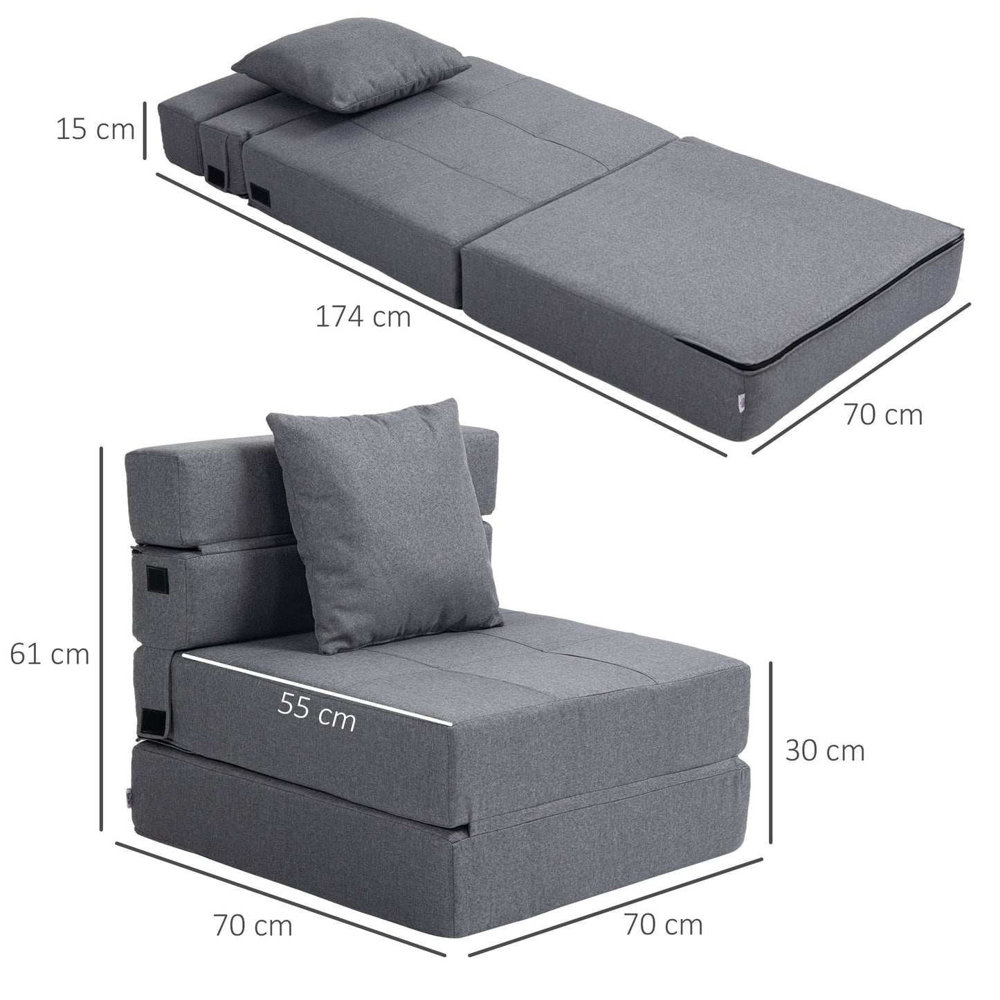 Folding Single Floor Chair Bed with Cushion Included, 70x70x61 cm, Grey