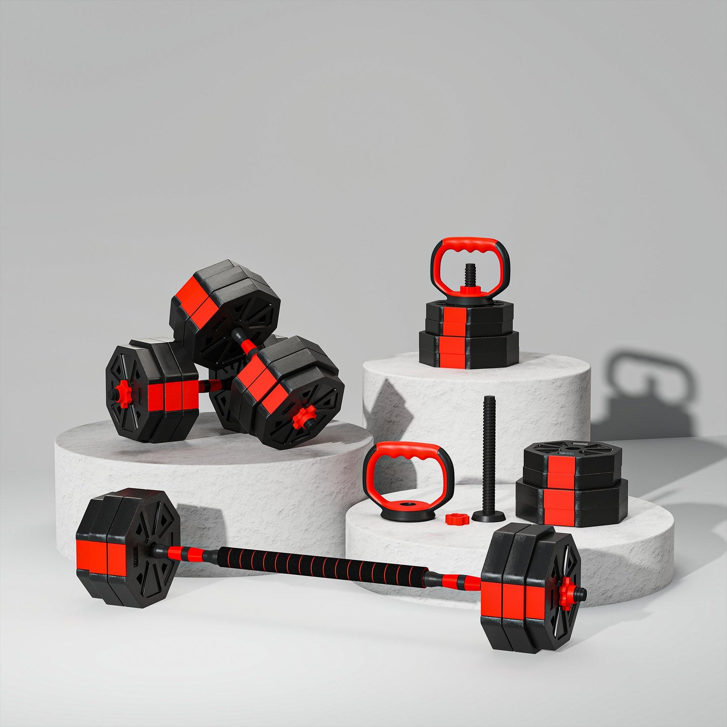 4-in-1 30kg Gym Weight Set, Convertible to Kettlebell, 2 Dumbbells, Barbell and Push-Up Stand, Red