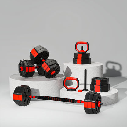 4-in-1 30kg Gym Weight Set, Convertible to Kettlebell, 2 Dumbbells, Barbell and Push-Up Stand, Red
