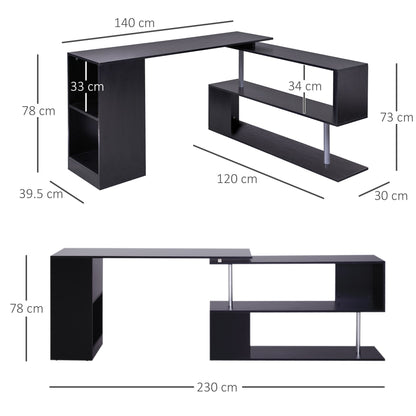 Space-Saving Corner Desk with S-Shaped Shelf, Modern Wooden Desk, 140x120x78 cm, Black