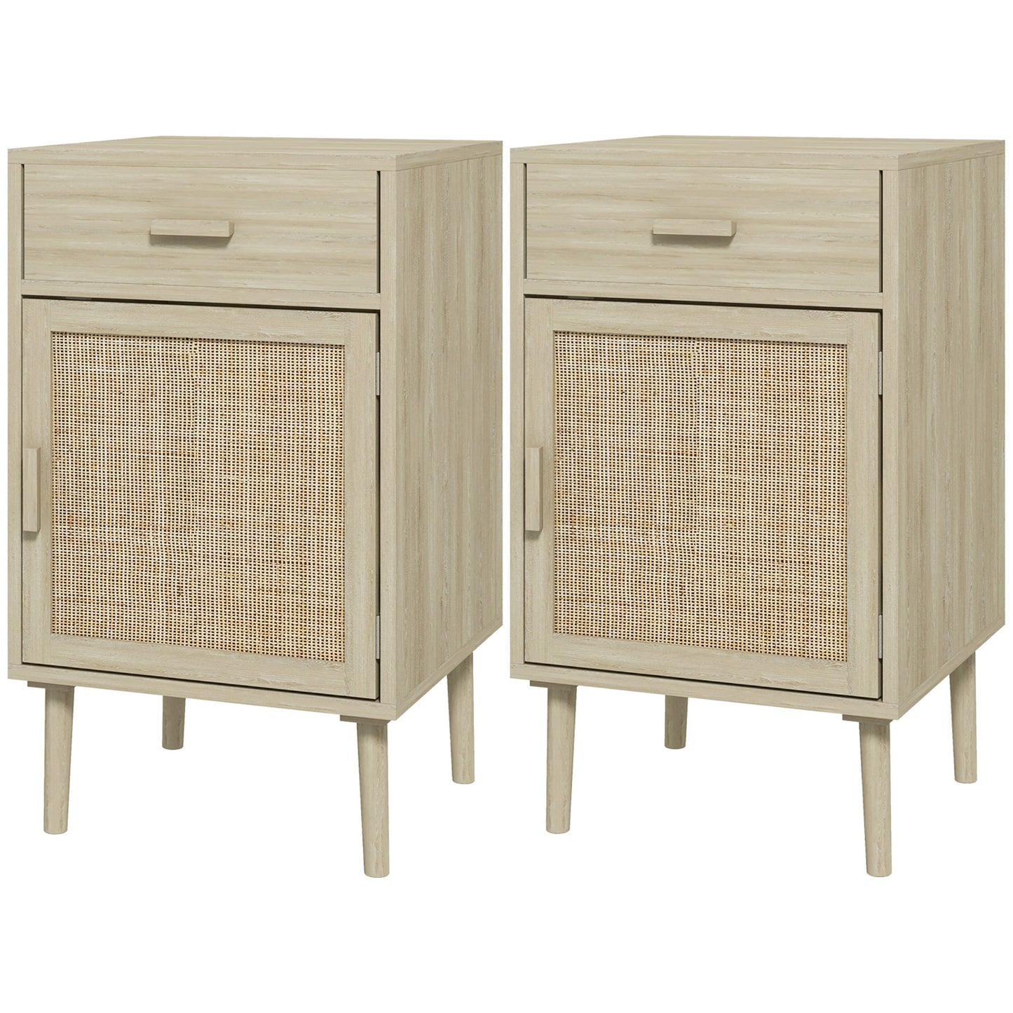 Set of 2 Bedside Tables for Bedroom with Drawer and Door in Boho Style Rattan, Wood Colour