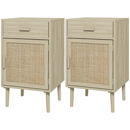 Set of 2 Bedside Tables for Bedroom with Drawer and Door in Boho Style Rattan, Wood Colour