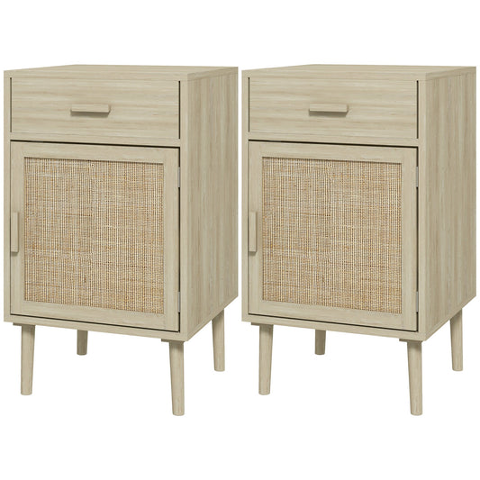 Set of 2 Bedside Tables for Bedroom with Drawer and Door in Boho Style Rattan, Wood Colour